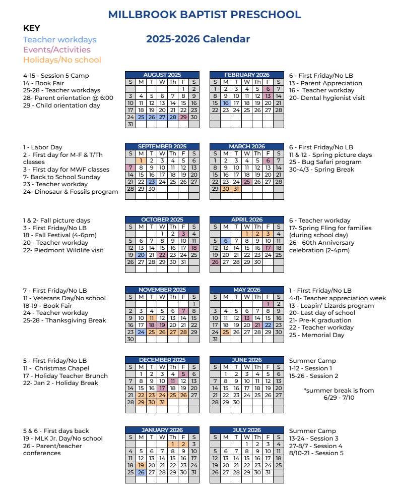 Updated MBC Preschool Calendar 2025-2026